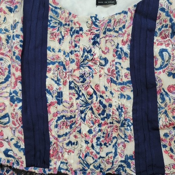 Miss Me Pleated Floral Tank Top in Navy Blue Sleeveless Size L - Picture 4 of 14